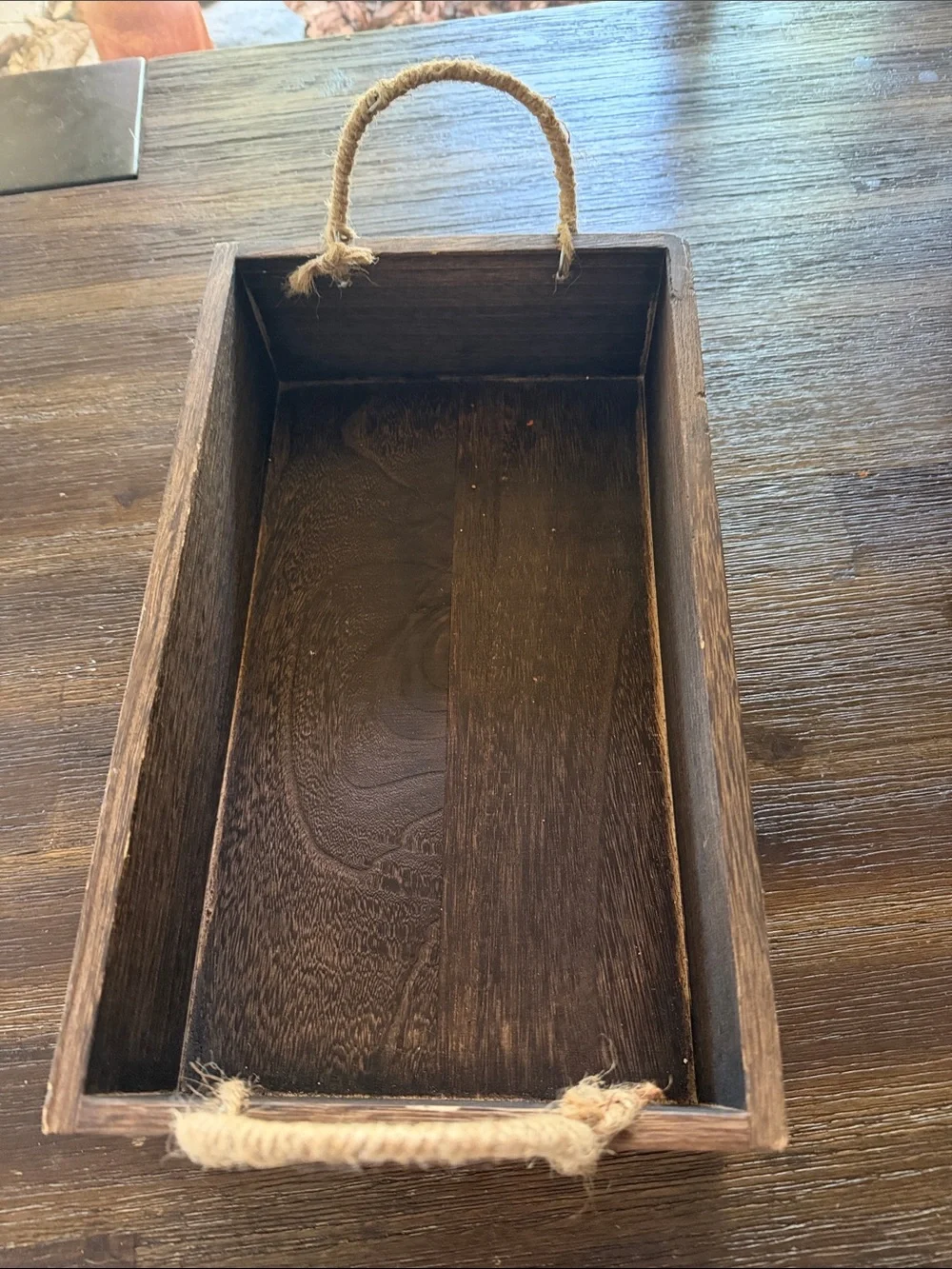 Rustic Dark Brown Wooden Tray with Rope Handles